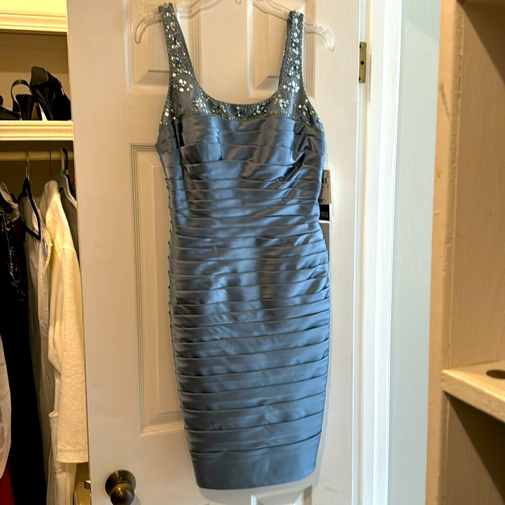 The perfect holiday dress! Adrianna Papell blue-silver ruched cocktail dress.
